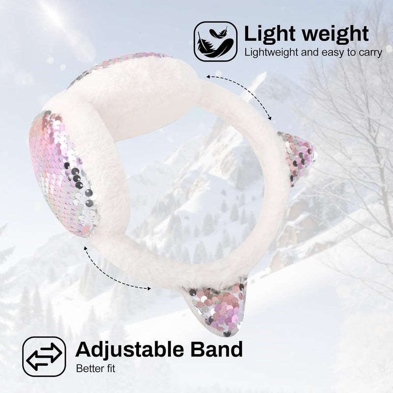 EDCYF Ear Muffs Gloves Set for Kids Girls Winter Ear Muffs Adjustable Sequins Warm Earmuffs Furry Outdoor - Image 4